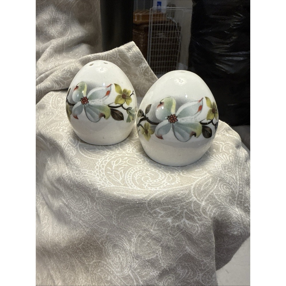 SANDFORD Egg Salt & Pepper Shakers DOGWOOD Flowers FINE BONE CHINA England PLUGS